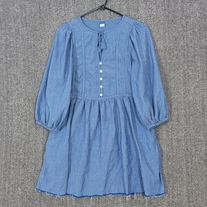 Old Navy All Day Swing Dress Womens Small Blue Short Chambray 3/4 Sleeve Raw Hem